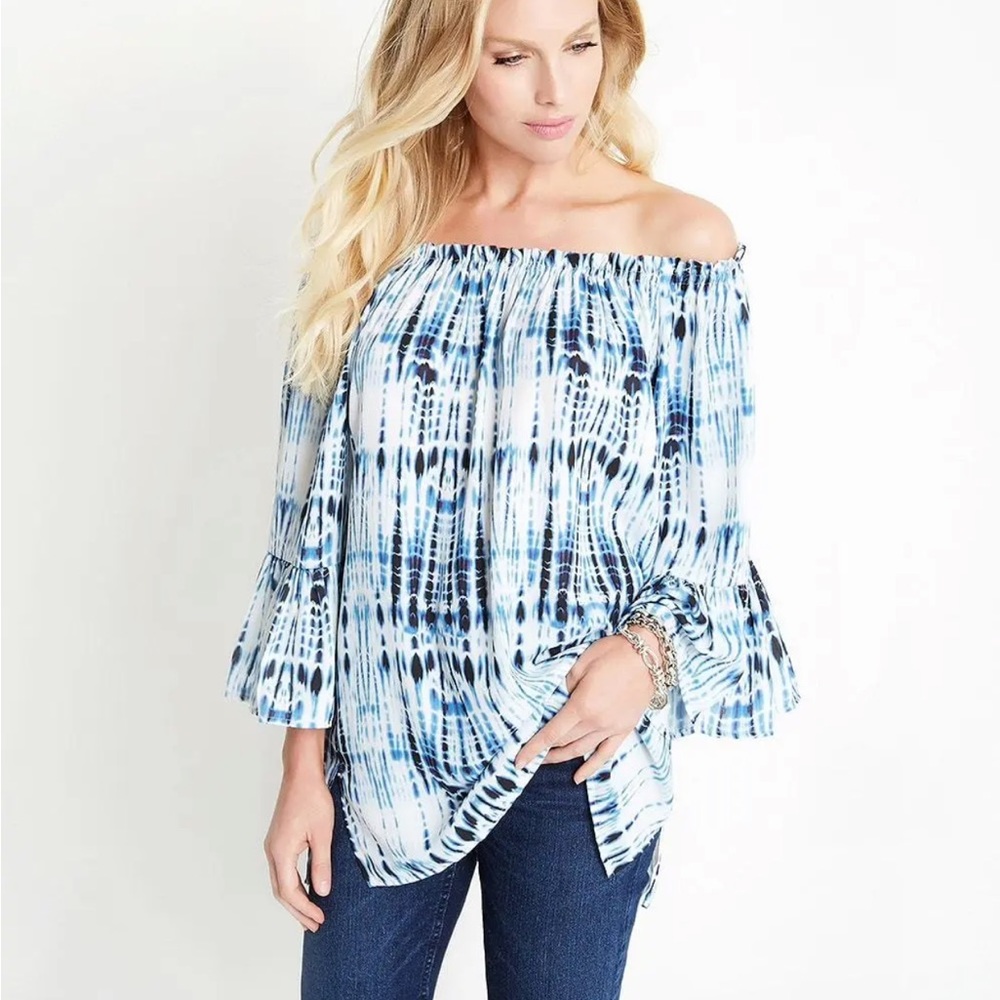 Karen Kane off Shoulder bell 3/4 sleeve tie dye Tunic Blouse blue white fits S/M
